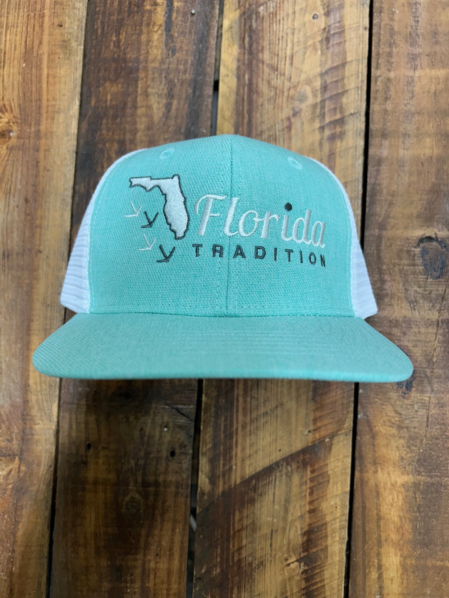 Aruba Blue/White Turkey Tracks FL Tradition Logo Flat Bill 115 Embroidered