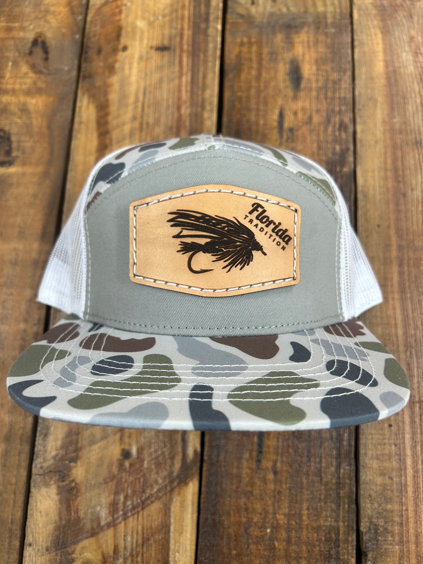 Marsh Duck Camo/Loden Fishing Fly Leather Patch 7 Panel Flat Bill