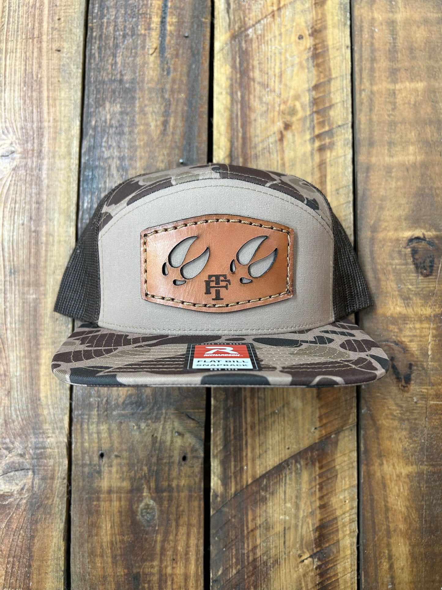 Bark Duck Camo/Khaki Hog Tracks Leather Patch 7 Panel Flat Bill