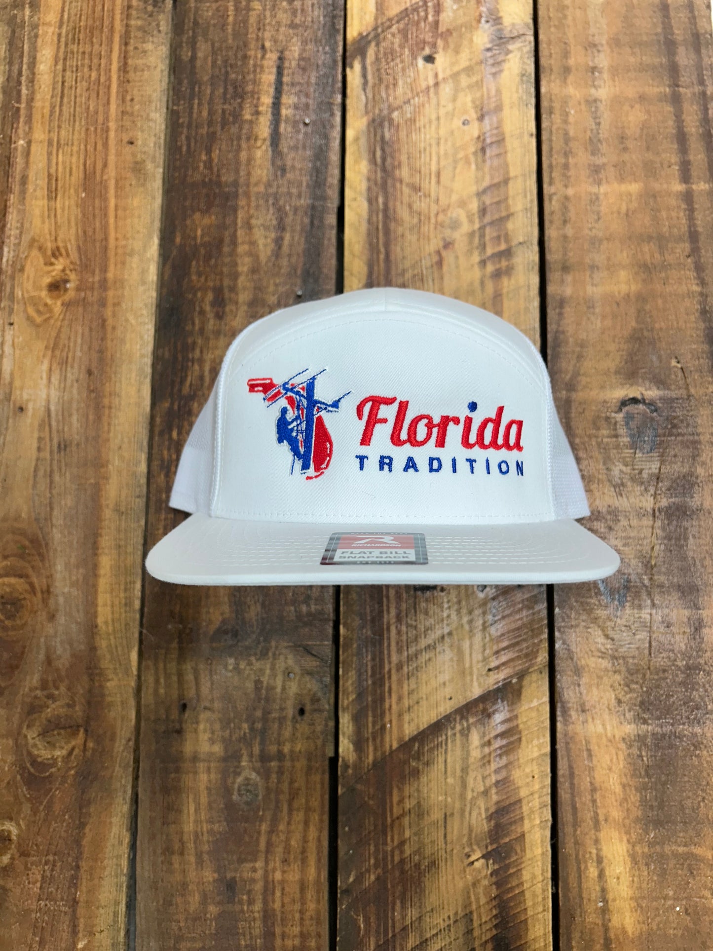 White/Orange/Blue Lineman Embroidered 7 Panel Flat Bill