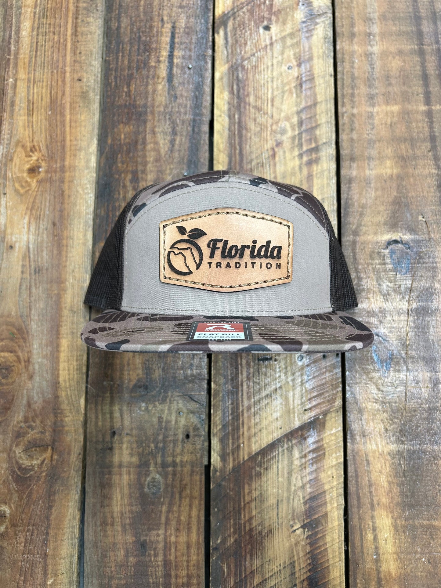 Bark Duck Camo/Khaki FL Orange FL Tradition Leather Patch 7 Panel Flat Bill