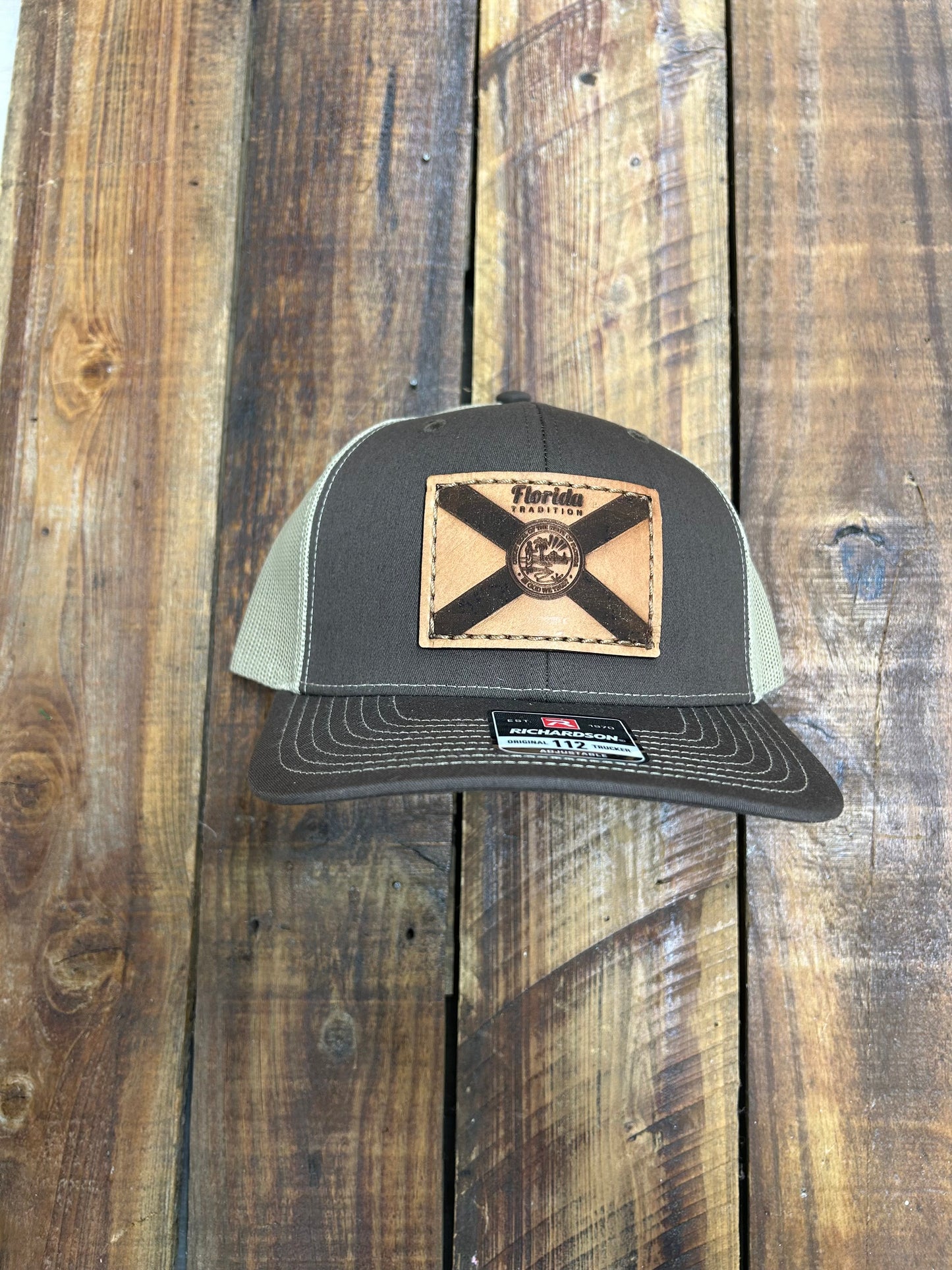Khaki/Chocolate Chip FL Flag Leather Patch 112