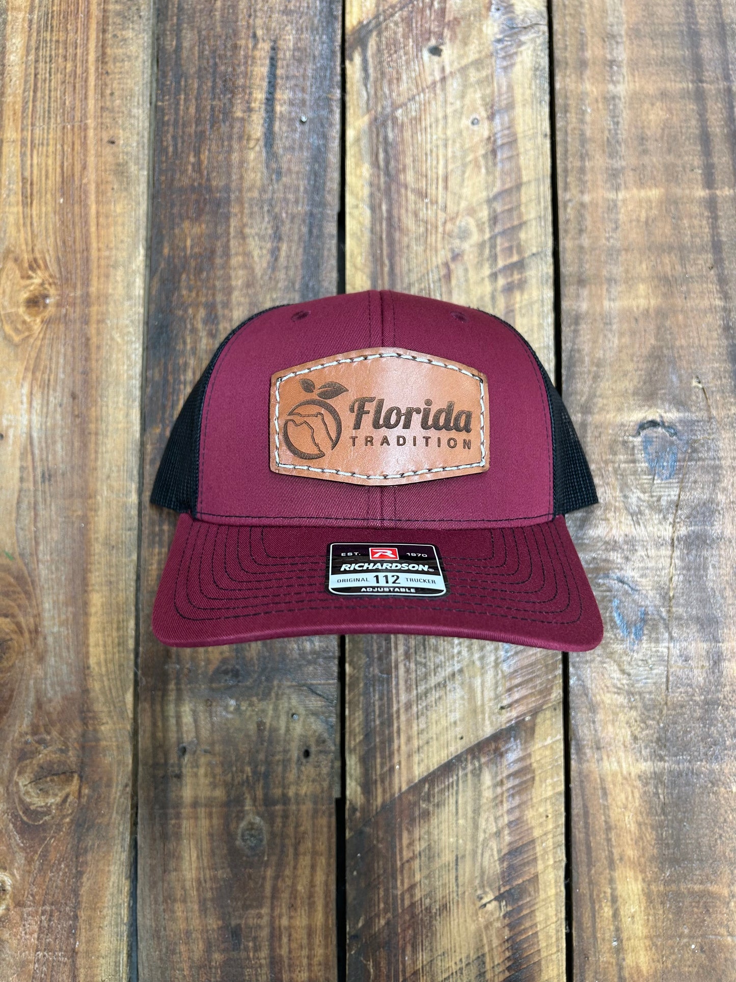 Split Maroon/Black Leather Patch 112 FL Orange Logo