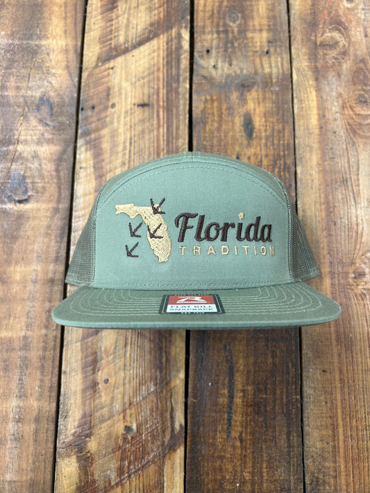 Loden Turkey Tracks FL Tradition Logo Embroidered 7 Panel Flat Bill