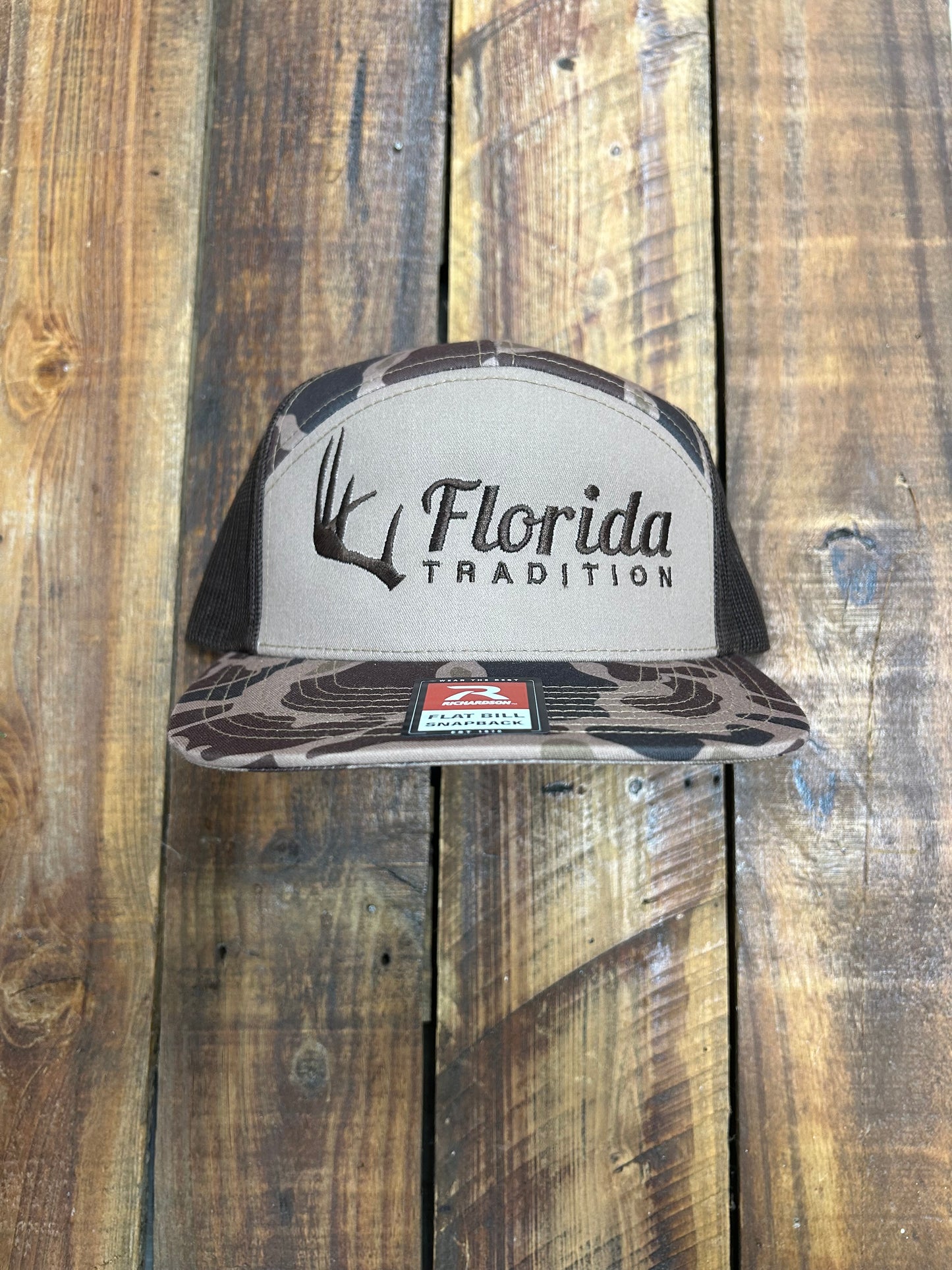 Bark Duck Camo/Khaki Antler Embroidered FL Tradition 7 Panel Flat Bill