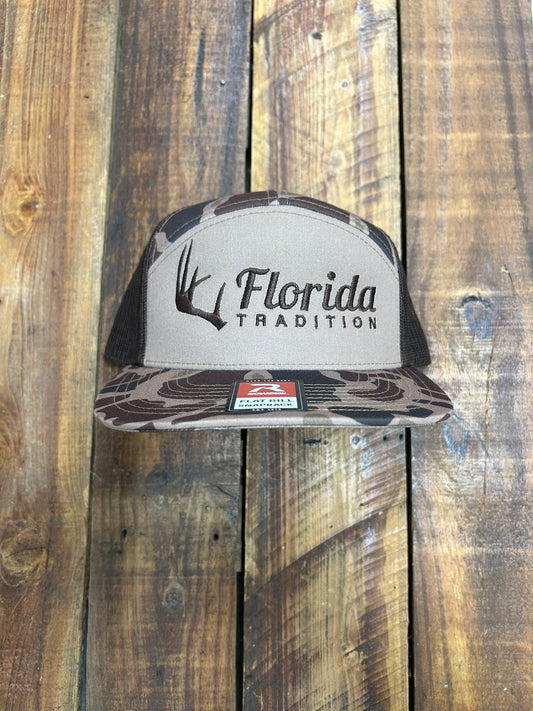 Bark Duck Camo/Khaki Antler Embroidered FL Tradition 7 Panel Flat Bill