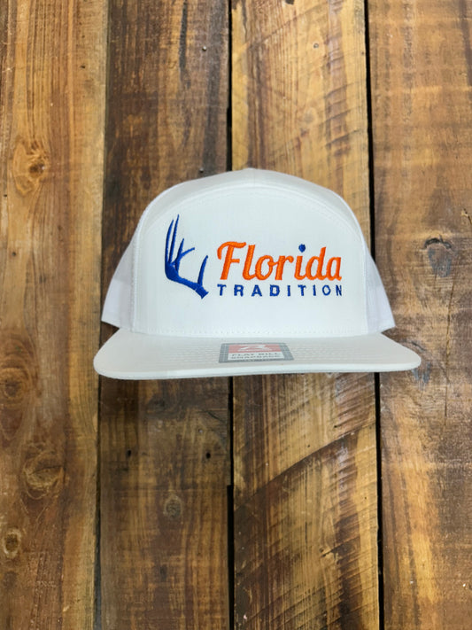White/Blue/Orange Antler FL Tradition Embroidered 7 Panel Flat Bill
