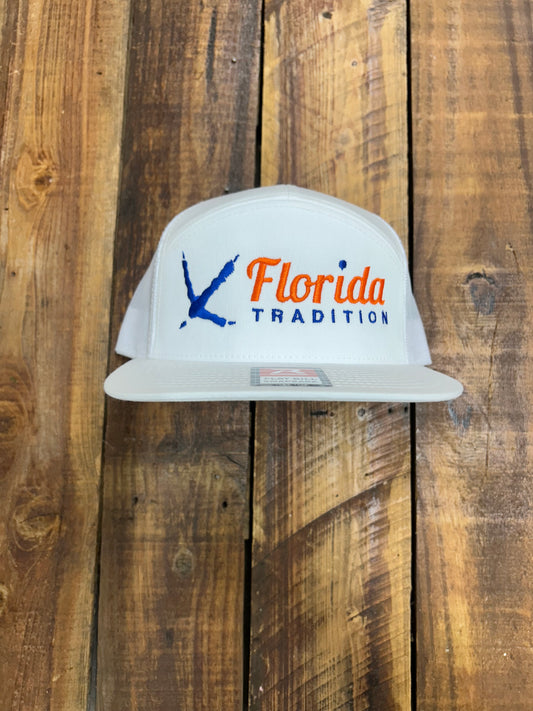White/Blue/Orange Turkey Track FL Tradition Embroidered 7 Panel Flat Bill
