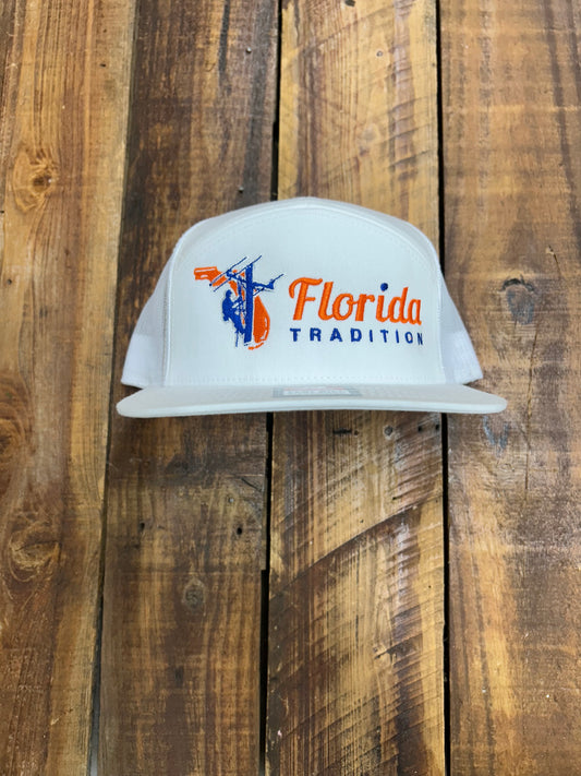 White/Orange/Blue Lineman FL Tradition Embroidered 7 Panel Flat Bill