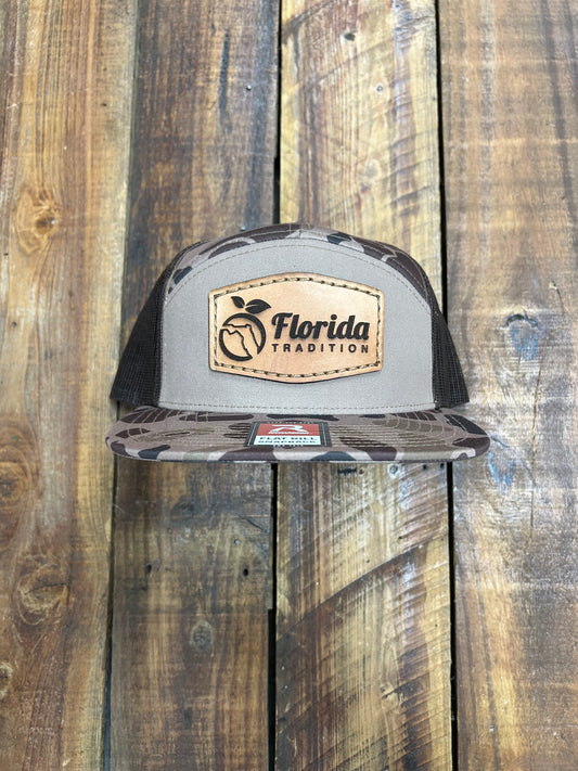 Bark Duck Camo/Khaki FL Orange FL Tradition Leather Patch 7 Panel Flat Bill