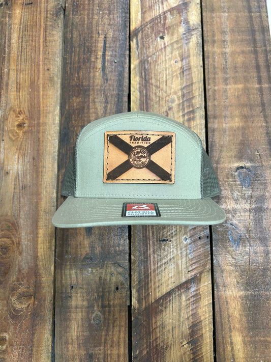 Khaki/Loden FL Flag Leather Patch 7 Panel Flat Bill