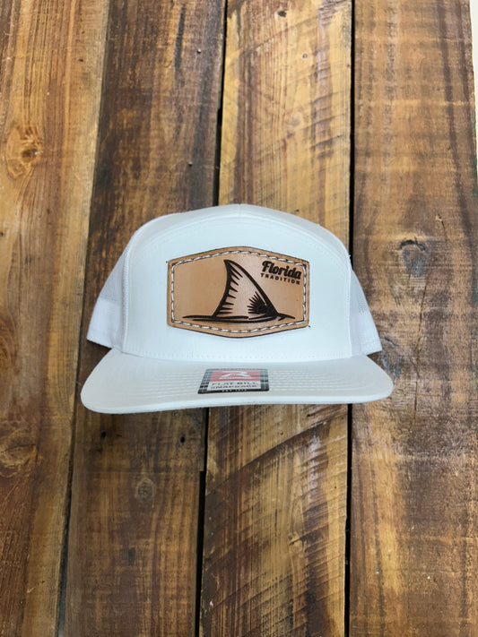 White Redfish 7 Panel Leather Patch Flat Bill