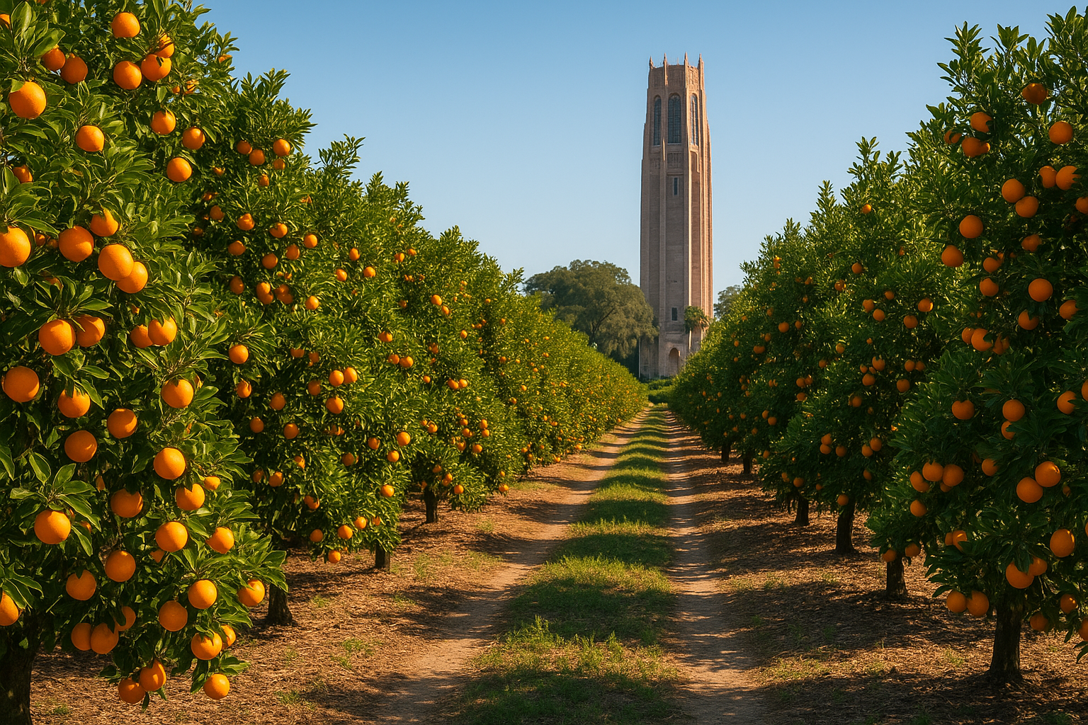 ORANGE GROVE IN LAKE WALES FLORIDA WITH BOK TOWER IN THE DISTANCE